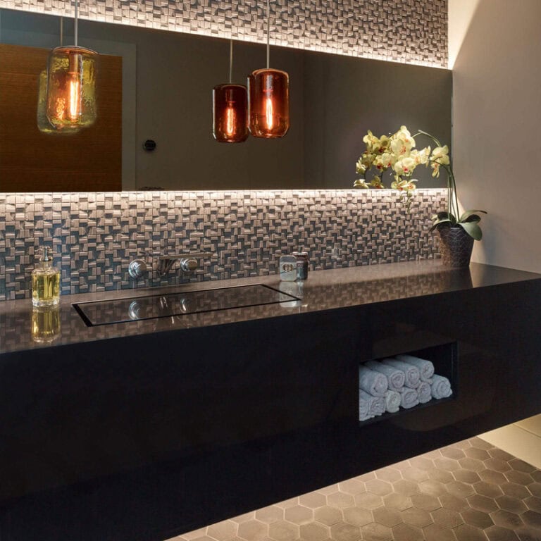 reVISION Light my Fire Custom renovation bathroom - black vanity and feature tile