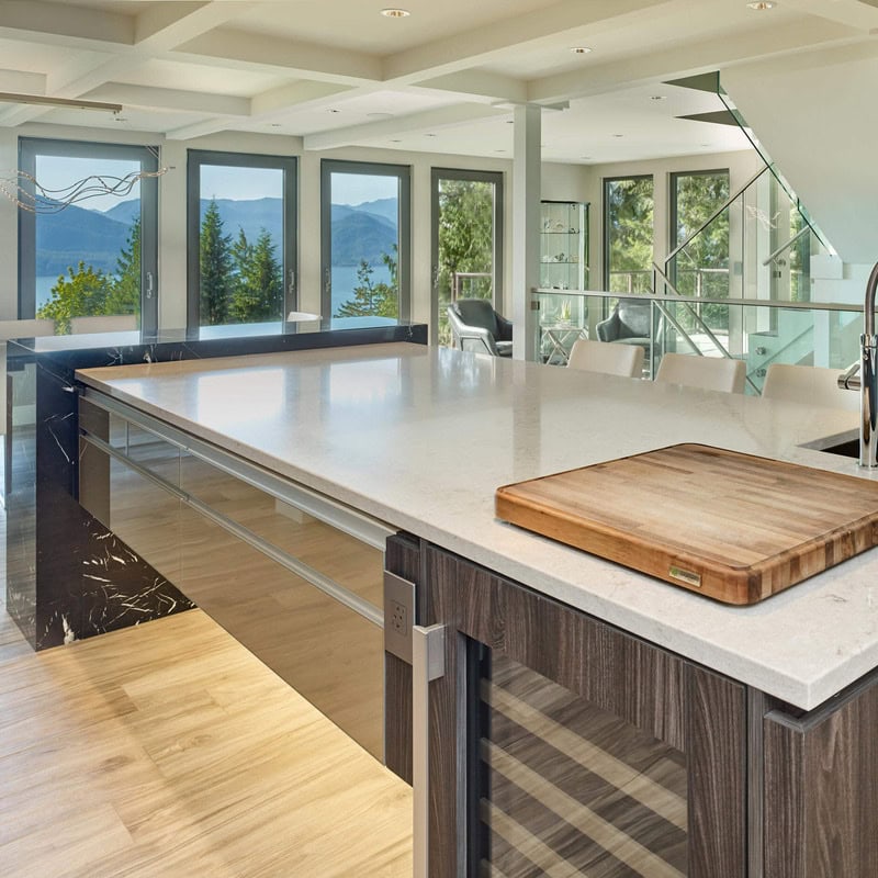 reVISION Light my Fire Custom renovation Kitchen and Living- large island and great views