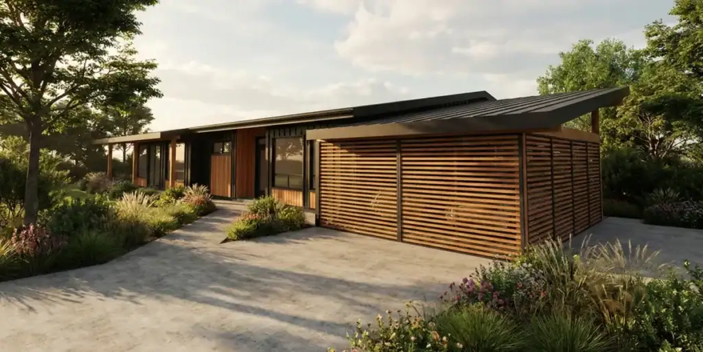Modern eco-friendly house with wooden exterior and landscaped garden, showcasing sustainable architecture and contemporary design. Perfect for those seeking eco-conscious living spaces.
