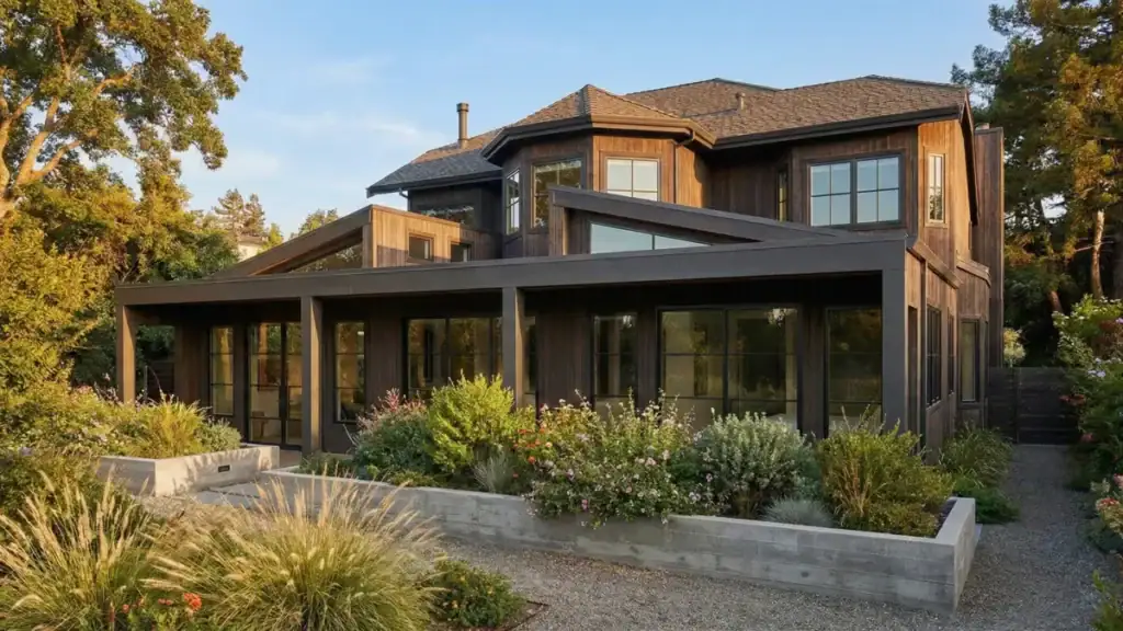 Bright modern house with dark wood exterior, large windows, surrounded by lush garden and trees, showcasing contemporary architecture and stylish outdoor landscaping.