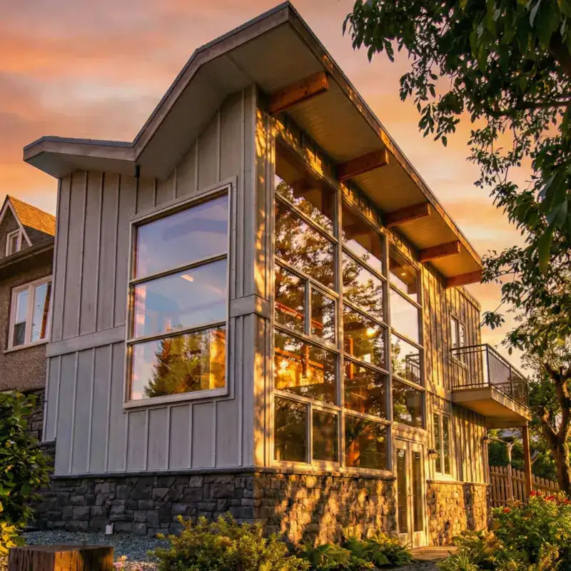 Bright modern house with large glass windows, wooden accents, and stone foundation illuminated by warm sunset light, surrounded by lush greenery and trees.