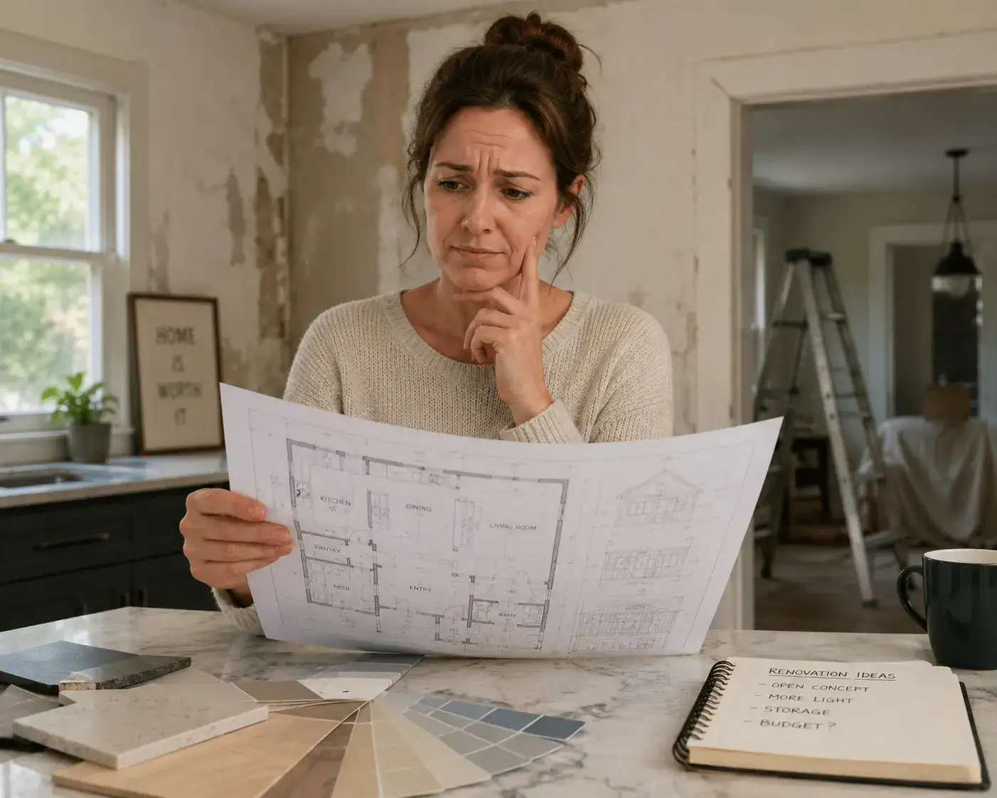 A woman reviewing renovation plans and blueprints, contemplating her renovation and financing options for her home improvement project.