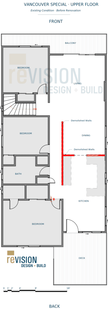 Vancouver Special Floor Plans: What's Possible When You Redesign the Layout 2 Detailed floor plan of a Vancouver Special upper floor, showcasing bedrooms, bathroom, living area, kitchen, balcony, and deck for home renovation projects.