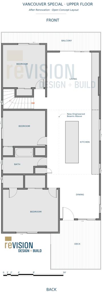 Vancouver Special Floor Plans: What's Possible When You Redesign the Layout 3 Detailed floor plan of the upper floor of a Vancouver Special home, showcasing bedrooms, bathroom, balcony, and living areas for renovation and design purposes.
